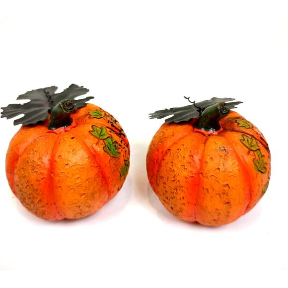 Set Resin Pumpkin Figurines w/ Metal Leaves Carved Harvest Welcome Fall Decor - Picture 2 of 7